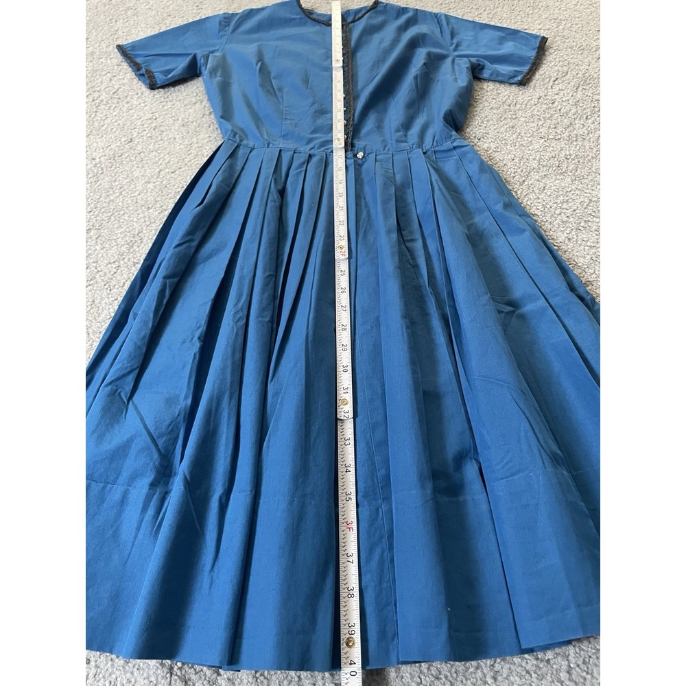 60s 70s Handmade Pleated A-Line Dress Sz 6 Teal Blue Black Trim Buttons Classic - Picture 7 of 10